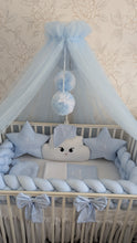 Load image into Gallery viewer, Luxury baby bedding 120*60 personalised by embroidery, 100% cotton
✅ 1 Mattress cover 120*60
✅ 1 Blanket personalised by embroidery 120*100
✅ 1 Braided bumper 240 mtr
✅ 1 Pillow cloud
✅️ 2 Pillows Star
✅ 1 Pillow
✅ 1 Canopy with with a pom pom and b