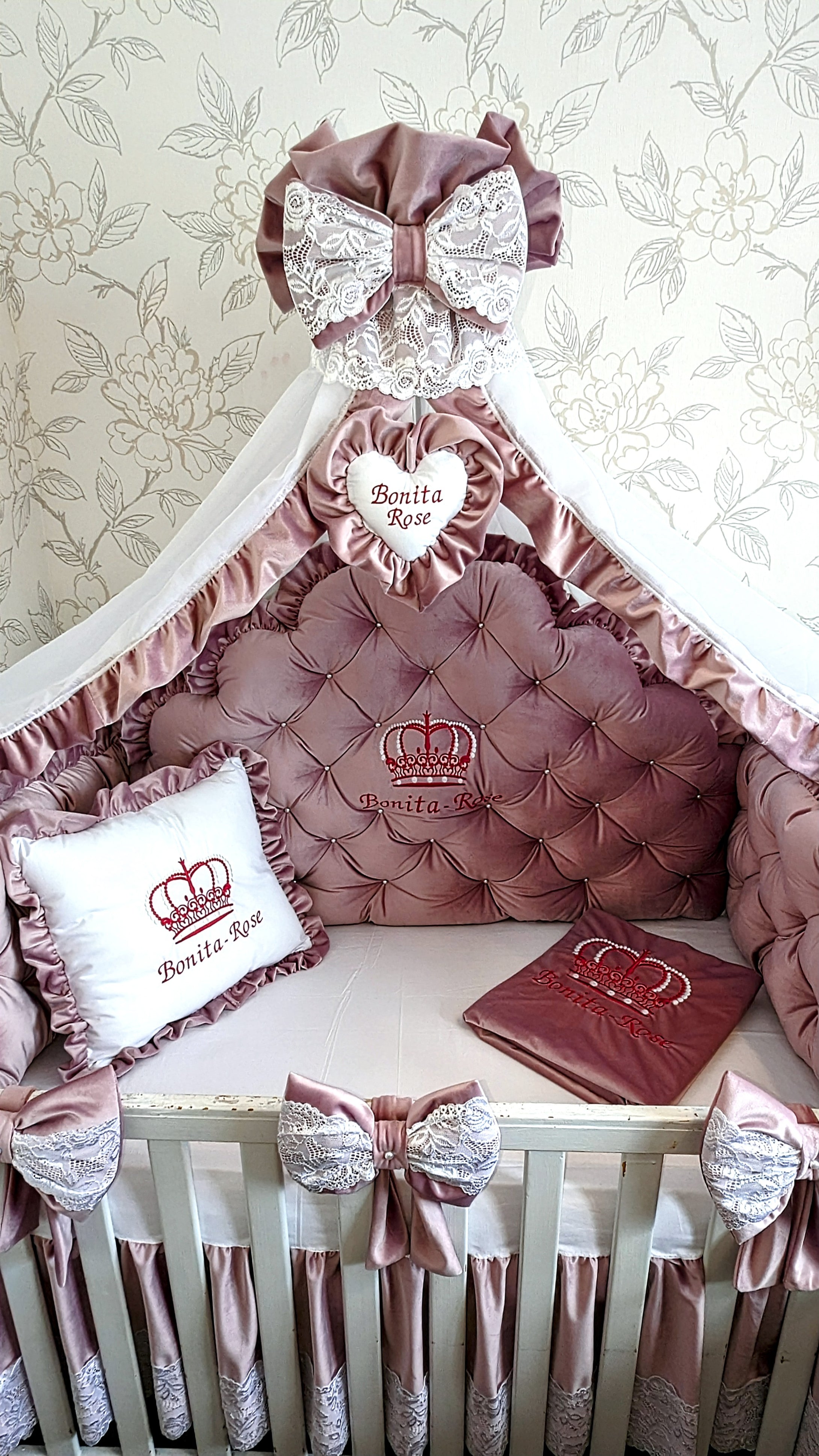 Luxury baby bedding velvet and cotton 

 140x70 personalised by embroidery