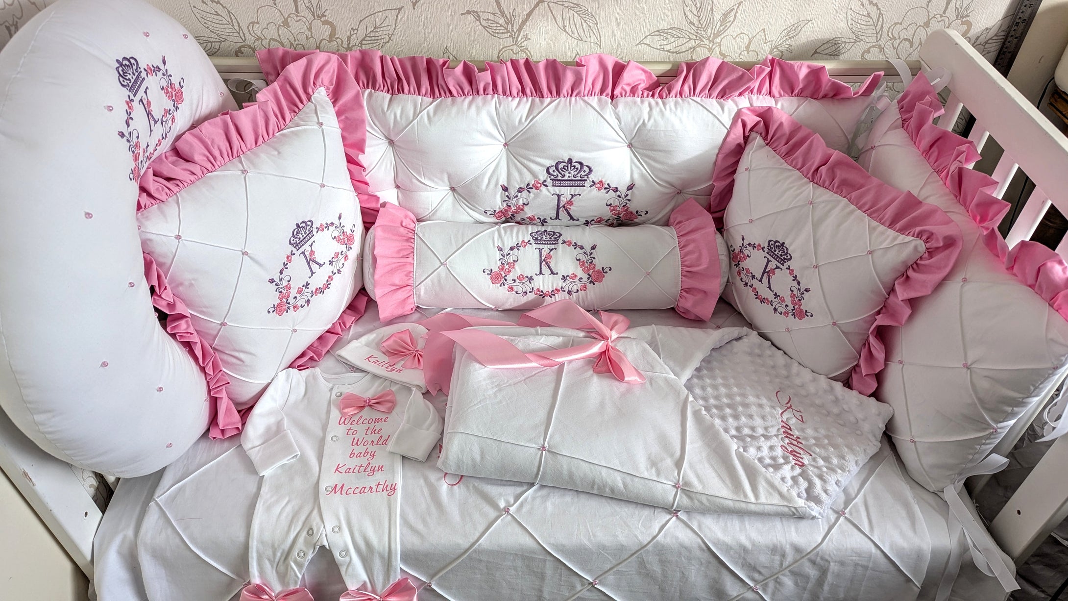 Luxury baby bedding 100*50 personalised by embroidery, 100% cotton