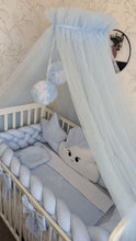 Load image into Gallery viewer, Luxury baby bedding  120*60 personalised by embroidery,  100% cotton 
✅ 1 Mattress cover 120*60
✅ 1 Blanket personalised by embroidery 120*100
✅ 1 Braided bumper 240 mtr
✅ 1 Pillow cloud 
✅️ 2 Pillows Star 
✅ 1 Pillow 
✅ 1 Canopy with with a pom pom and b
