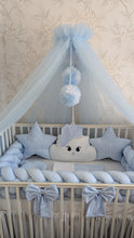 Load image into Gallery viewer, Luxury baby bedding  120*60 personalised by embroidery,  100% cotton 
✅ 1 Mattress cover 120*60
✅ 1 Blanket personalised by embroidery 120*100
✅ 1 Braided bumper 240 mtr
✅ 1 Pillow cloud 
✅️ 2 Pillows Star 
✅ 1 Pillow 
✅ 1 Canopy with with a pom pom and b

