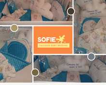 Load image into Gallery viewer, Baby bedding 90x50, personalized by embroidery, 100% cotton and dimple minky 
