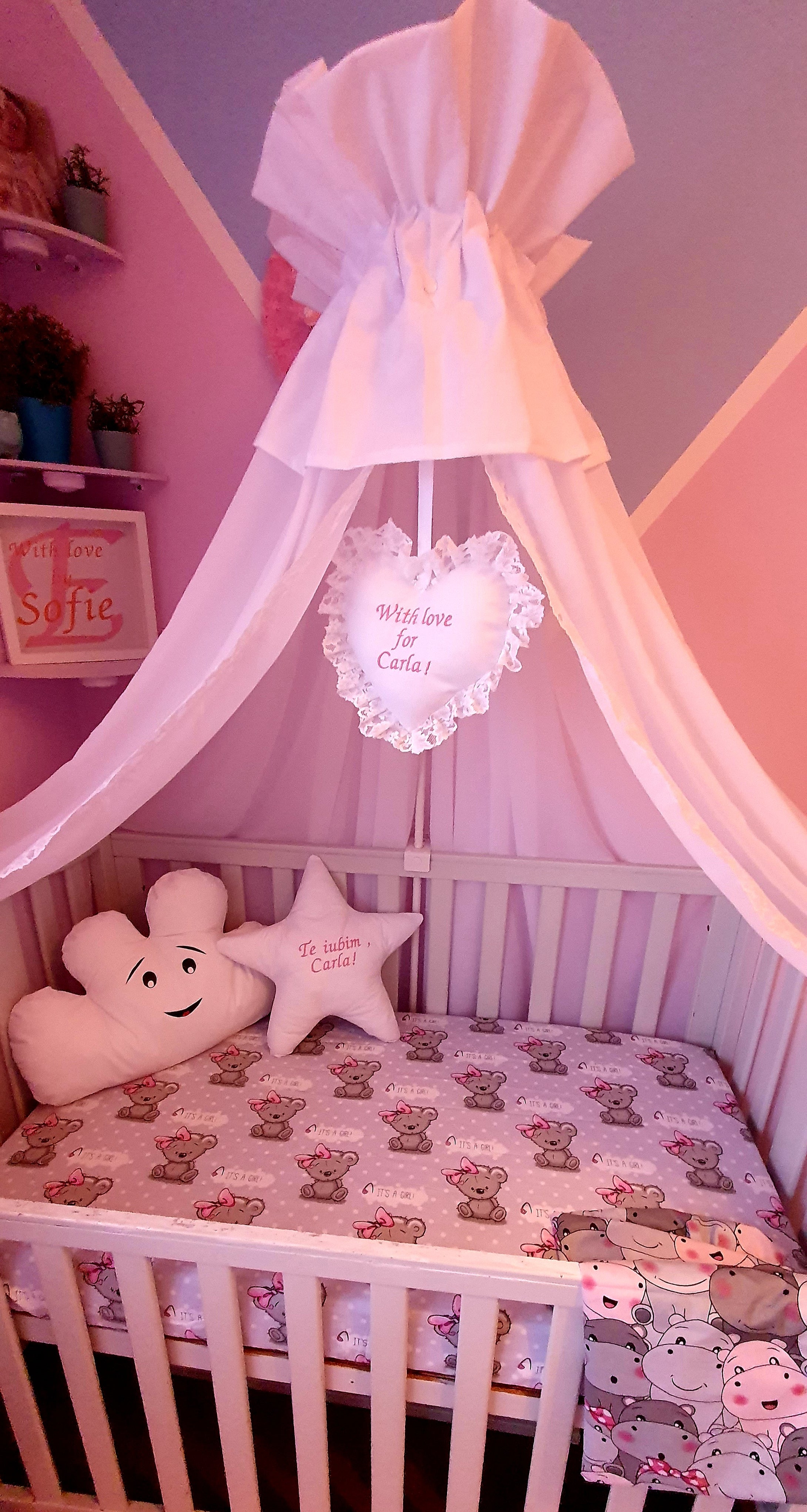 Baby Canopy , Mattress cover 120x60 and Pillows personalised by embroidery