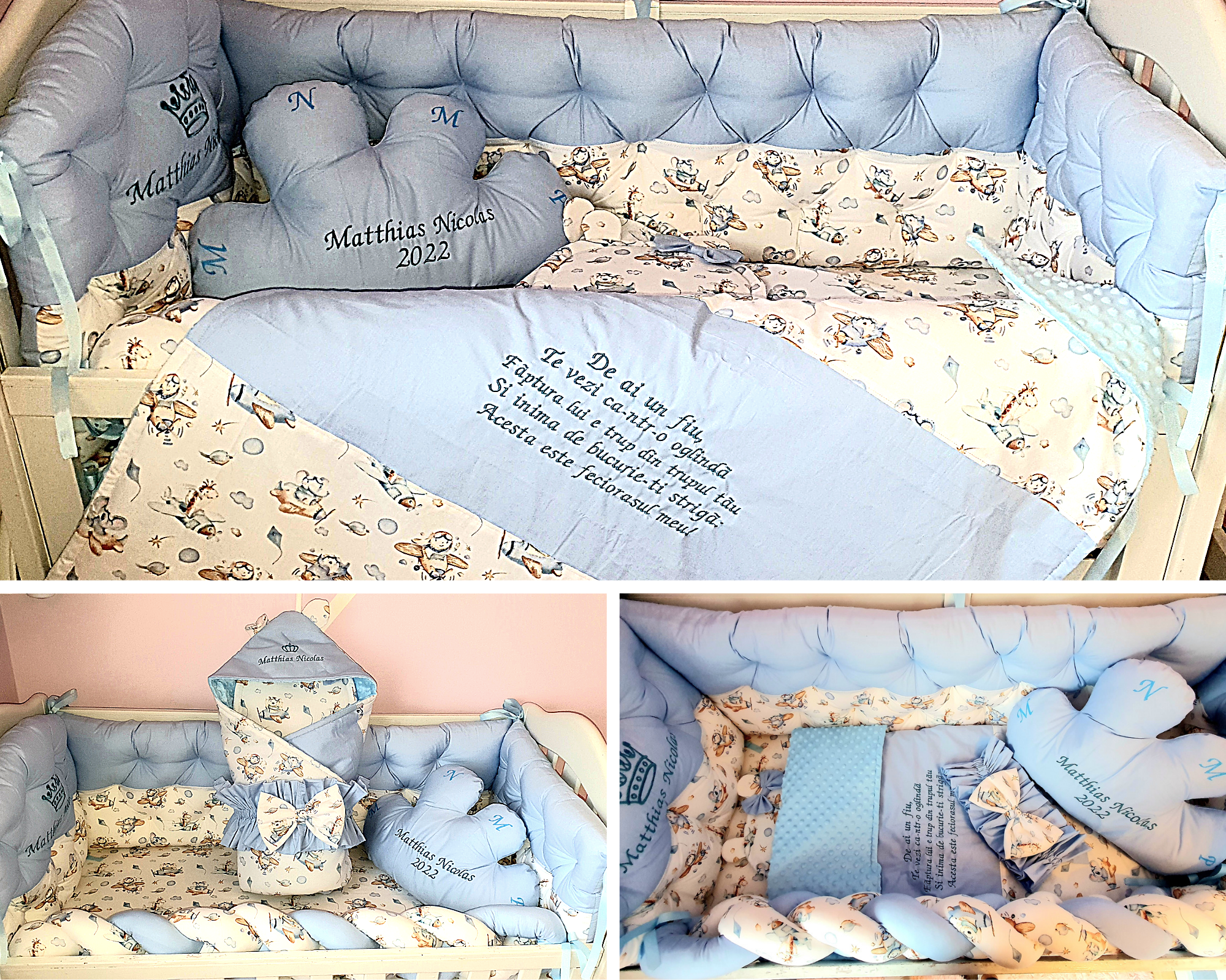 Luxury baby bedding 120x60 personalised by embroidery, 100% cotton