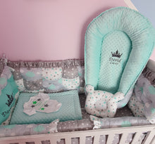 Load image into Gallery viewer, Luxury baby bedding 120x60 personalised by embroidery , 100 % cotton and dimple minky
