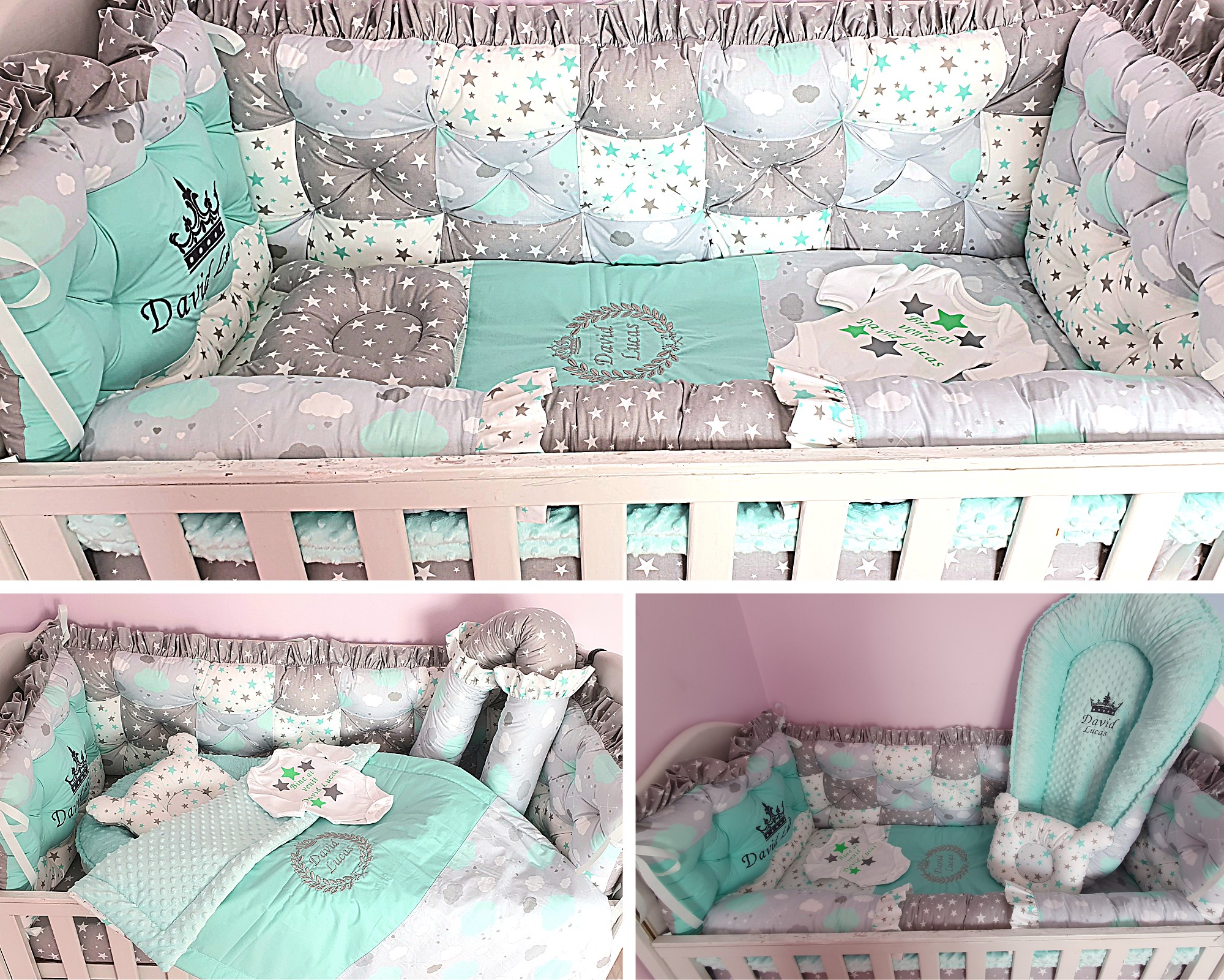 Luxury baby bedding 120x60 personalised by embroidery , 100 % cotton and dimple minky