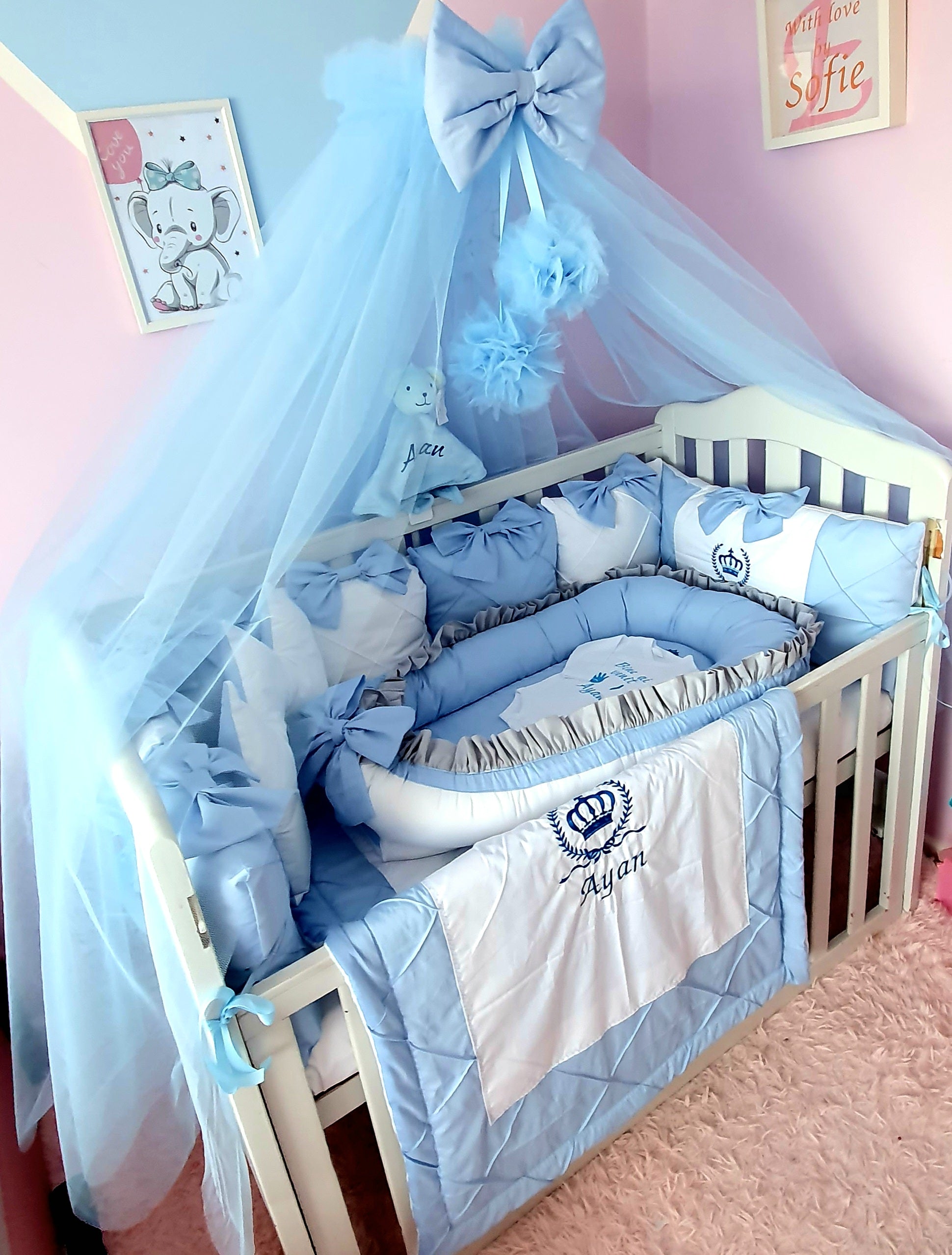 Luxury baby bedding 120x65 , personalised by embroidery