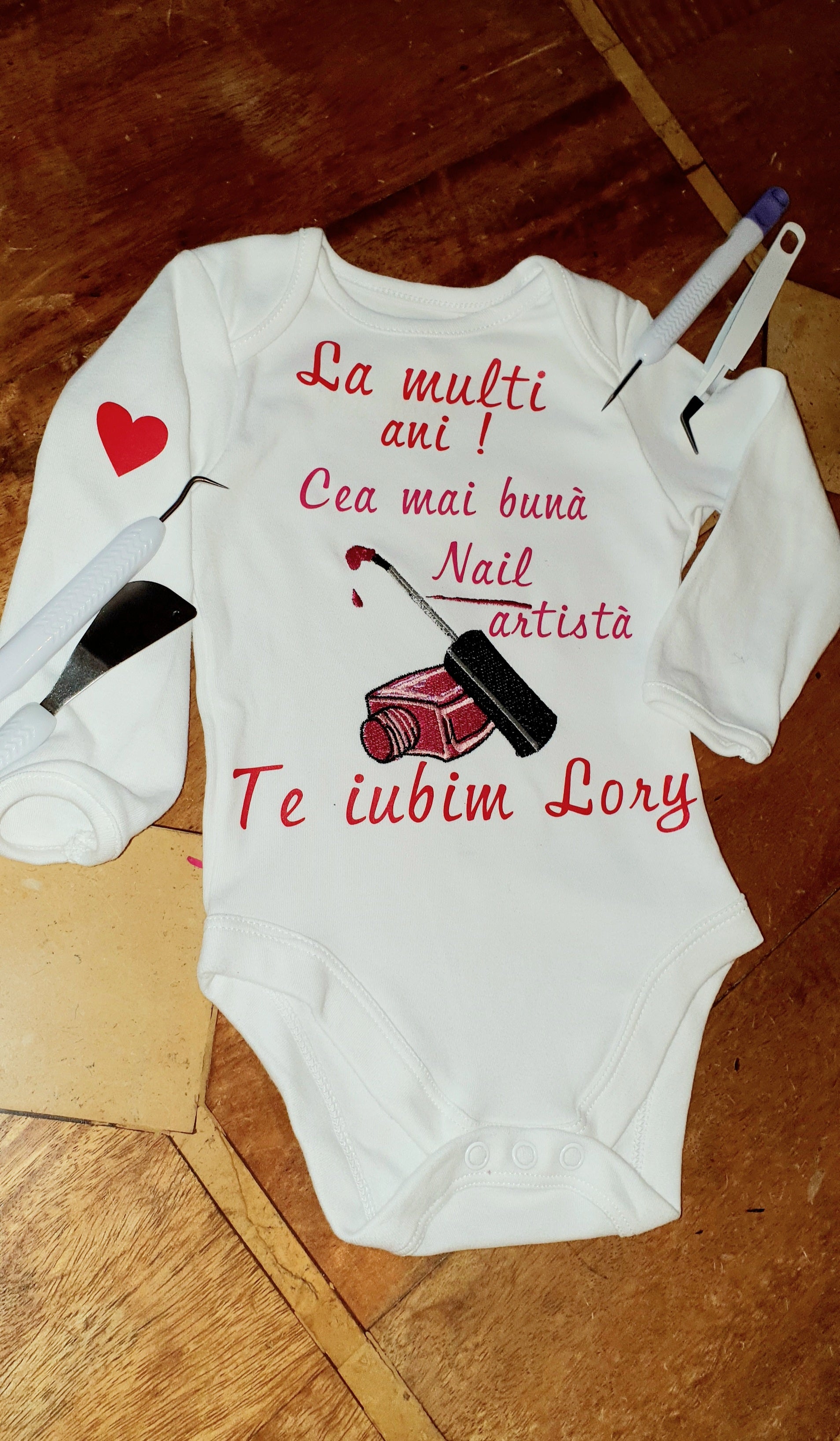 Bodysuit personalised by embroidery and vinyl