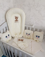 Load image into Gallery viewer, Baby nest , blanket and  animals Pillows , personalised by embroidery, 100% cotton
