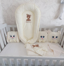 Load image into Gallery viewer, Baby nest , blanket and  animals Pillows , personalised by embroidery, 100% cotton
