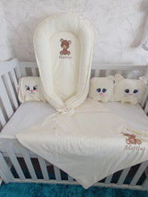 Load image into Gallery viewer, Baby nest , blanket and  animals Pillows , personalised by embroidery, 100% cotton
