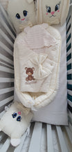Load image into Gallery viewer, Baby nest , blanket and  animals Pillows , personalised by embroidery, 100% cotton
