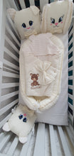 Load image into Gallery viewer, Baby nest , blanket and  animals Pillows , personalised by embroidery, 100% cotton
