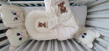 Load image into Gallery viewer, Baby nest , blanket and  animals Pillows , personalised by embroidery, 100% cotton
