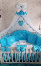 Load image into Gallery viewer, Luxury baby bedding 100x50 personalised by embroidery, 100% cotton 
